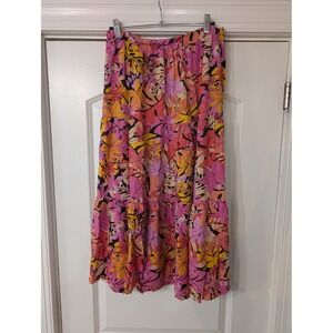Japna Womens Midi Maxi Skirt Tropical Floral Print Elastic Waist Tiered large